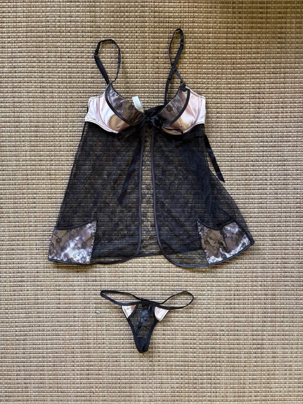 Victoria's Secret Black Sheer Lace Babydoll with Pale Pink Cups